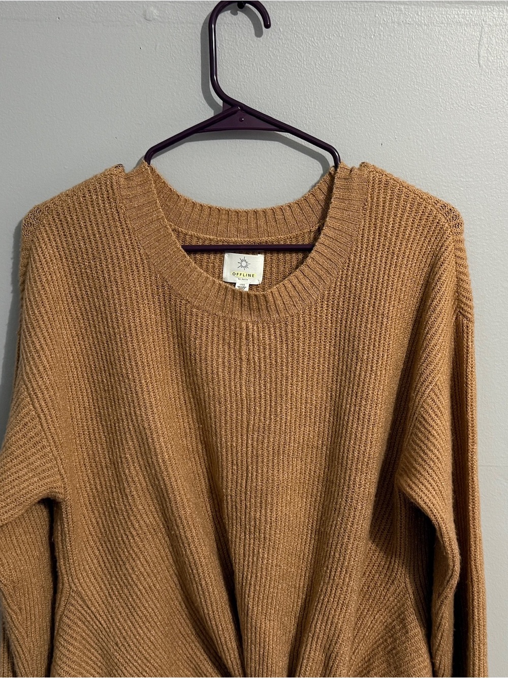 Aerie Sweater Womens Large Offline Knotted Front Crewneck Camel Slouchy Shoulder - Picture 4 of 10